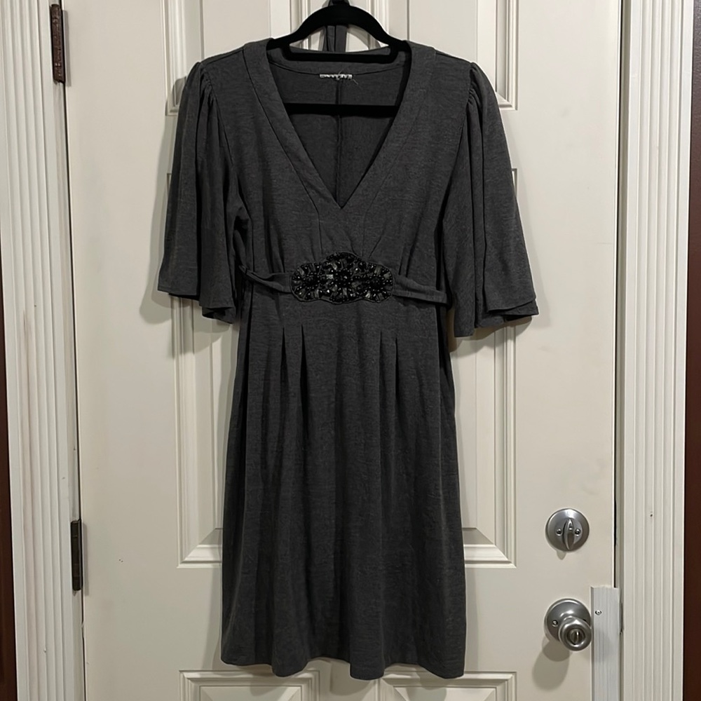 Lovely dark grey jersey dress. Size 10-12, stretchy, 35 inches long.